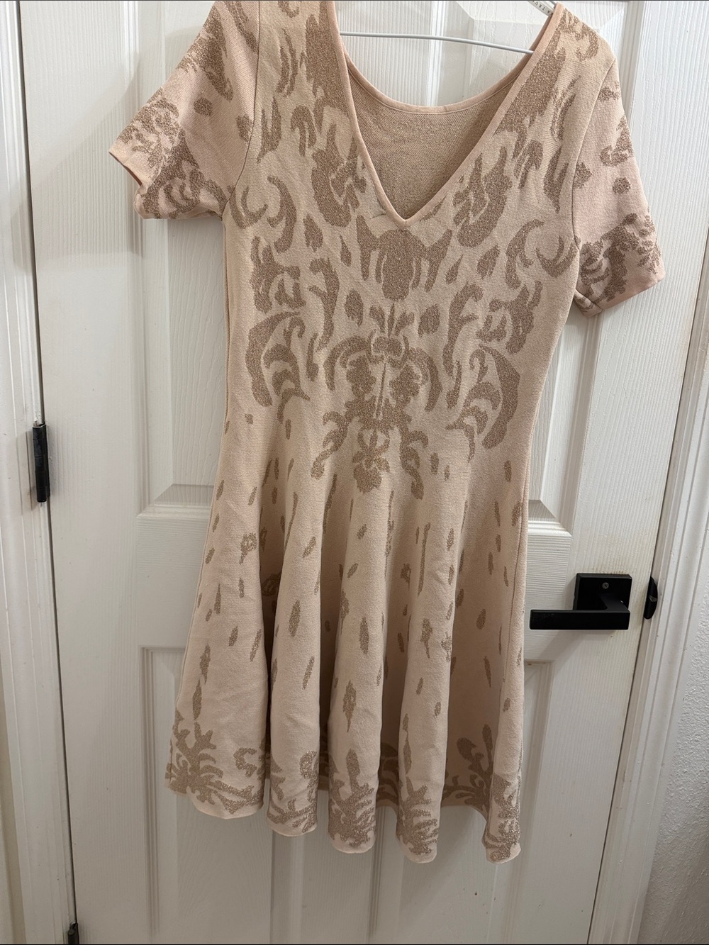 Ivanka Trump Cream Patterned V-Neck Fit & Flare Midi Dress